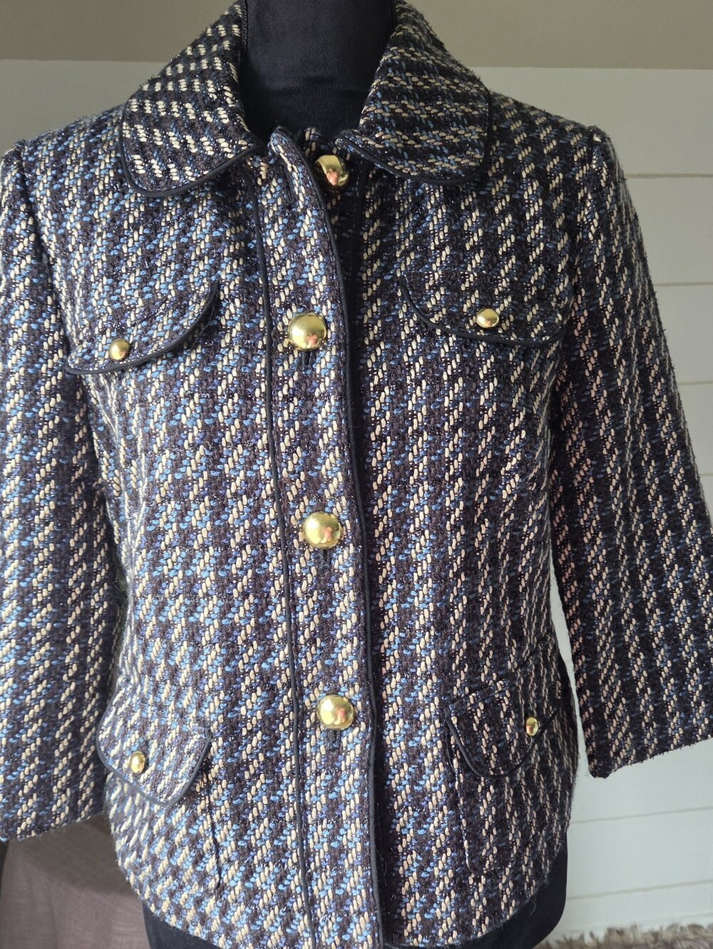 Black Blue Boucle Tweed Tailored Elite Evening Jacket Gold Button Y2K Vintage 10
